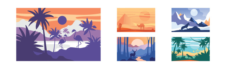 Poster - Beautiful Scene of Nature, Peaceful Landscape with Wild Animals Vector Set