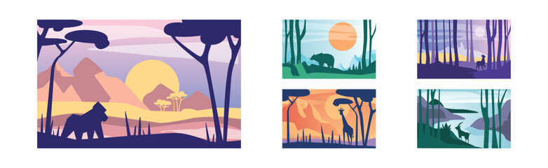 Poster - Beautiful Scene of Nature, Peaceful Landscape with Wild Animals Vector Set