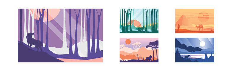 Poster - Beautiful Scene of Nature, Peaceful Landscape with Wild Animals Vector Set