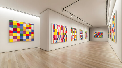 Poster - Spacious room filled with an array of colorful paintings showcasing various artistic styles and creative expressions on the walls.
