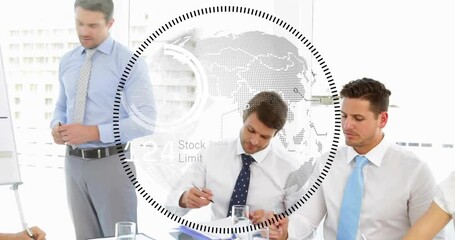 Poster - Discussing strategy, diverse professionals in business meeting with stock limit animation
