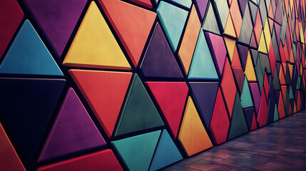 Poster - Close view of a colorful wall featuring a stylish clock surrounded by vibrant triangular decals creating a modern artistic atmosphere.