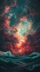 Poster - Dramatic ocean scene with red and teal cloudscape overhead, creating a powerful and atmospheric image, symbolizing turmoil, power, and nature's might