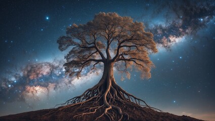 Poster - Night sky reveals a magnificent tree with sprawling roots under the galaxy in a tranquil landscape