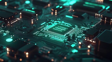 Poster - Close-Up of a Vibrant Green Circuit Board Detailing Intricate Lines