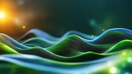 Poster - Dynamic green waves of energy flowing in a vibrant digital landscape abstract art display technology inspired environment