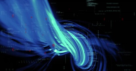 Poster - Blue and green swirling patterns with digital code overlay creating animation