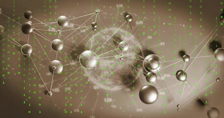 Poster - Animation of spheres connecting with lines and binary code over globe background