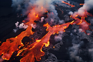 Wall Mural - volcano eruption from a bird view. volcano crater and magma flow shot from above. genertated ai.