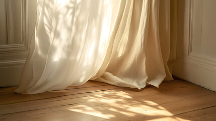 Poster - White curtain gracefully hanging on a wall in a bright room creating soft light and two-dimensional lines enhancing the space's aesthetic.