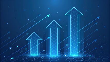 Poster - Ascending Arrows: Digitally rendered arrows point upwards on a tech-inspired blue background, symbolizing growth and progress.