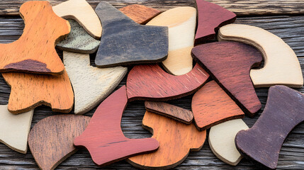 Aufkleber - a beautiful pile of distinct wooden pieces featuring unique shapes and varied geometric figures on a
