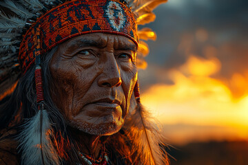 Poster - Native American elder in feather headdress gazes into horizon at sunset, wisdom etched deeply into every line of his weathered face. Concept of ancestral connection.