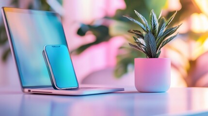 Poster - Modern workspace featuring a laptop, phone, and potted plant in a bright, stylish environment during the day