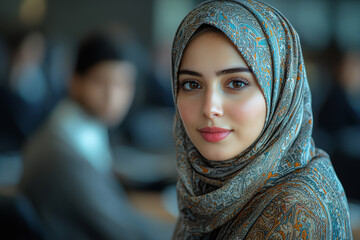 Poster - businesswoman in hijab giving presentation in high-tech conference room, competence evident in every