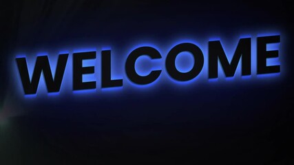 Poster - animation of glowing blue welcome text on dark background, creating visual impact