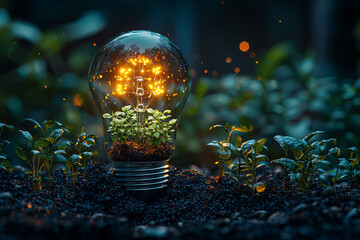 Aufkleber - A glowing light bulb filled with tiny thriving plants and soil. Concept of eco-friendly ideas and sustainable innovation.