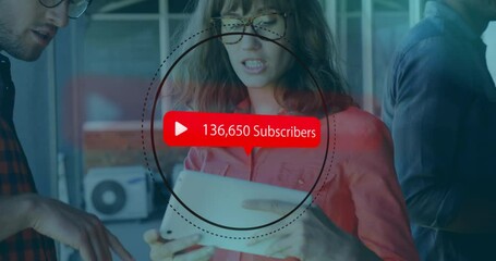 Aufkleber - Two people discussing while digital subscriber count animation overlays scene