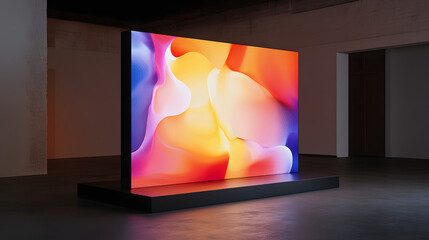 Poster - A large screen displaying dynamic vectors and visuals representing the cutting-edge of technology and digital art in a modern setting.