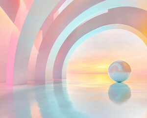 Poster - Pastel-colored arches frame a serene seascape at sunset, a sphere rests on calm water, showcasing a tranquil and minimalist aesthetic, ideal for various design applications