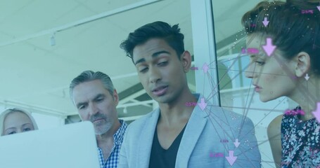 Poster - Discussing data, business team with digital network animation overlay in office