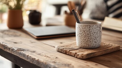 Poster - Coffee cup and stationery on a rustic wooden table in a cozy workspace during the afternoon