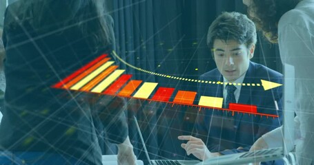 Poster - Discussing data, business team analyzing bar graph animation in office meeting