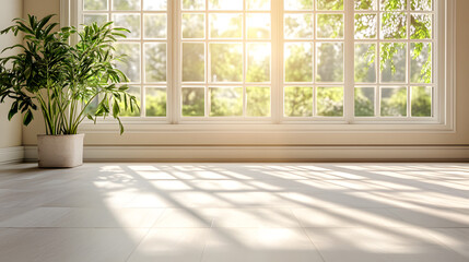 Poster - Lush green plant positioned in a minimalist room with triangular motifs creating a harmonious and inviting space.