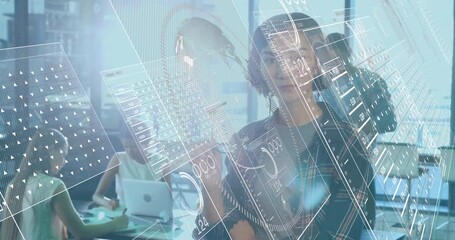 Poster - Working in modern office, professionals using digital interface with animation overlay