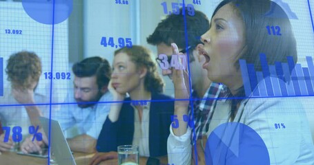Poster - In office, diverse team in meeting looking bored, financial charts overlay animation