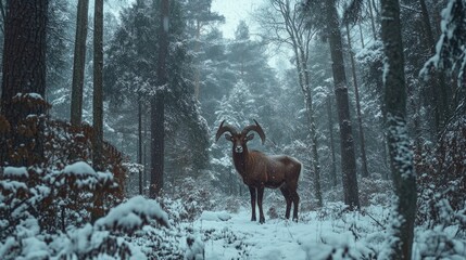 Wall Mural - goat in snowy forest