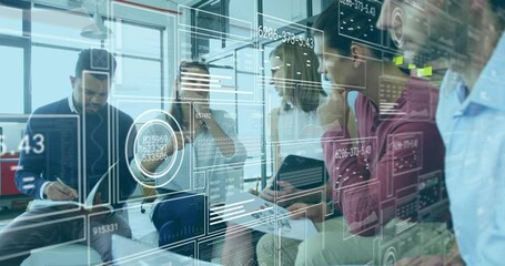 Poster - Diverse team collaborating in office with digital data processing animation overlay