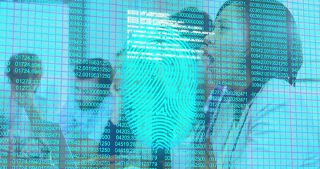 Poster - Animation of fingerprint and binary code overlaying professionals working in technology