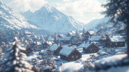 Wall Mural - snowy mountain with village