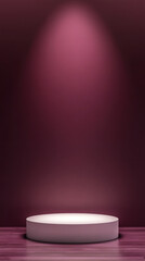Aufkleber - White cylindrical pedestal illuminating a dark purple room with wooden floor, perfect for product showcase