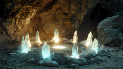 Wall Mural - A circular ring of glowing crystals in a hidden cave, magical energy pulsing in waves, illuminating ancient carvings on the stone walls. Elysian Radiance. Illustration