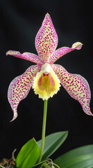 Aufkleber - Close-up of vibrant orchid flower, featuring spotted yellow-centered petals emerging from shadowy background with intricate botanical details