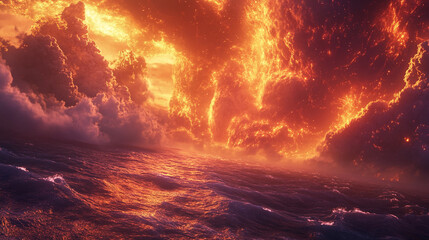 Poster - Fiery orange cloudscape over dark ocean waves, creating a dramatic and intense scene, showcasing power, energy, and apocalyptic themes