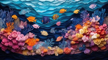 Poster - Layered paper cut scene of a colorful coral reef with exotic fish swimming around