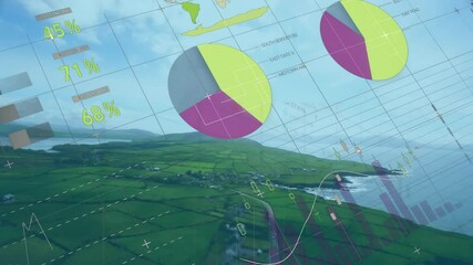 Poster - Pie charts and graphs animation over aerial view of coastal landscape