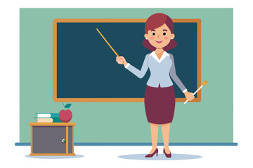 Poster - A teacher holds a pointer and stands by a blackboard, engaging with students in a vibrant classroom setting, The teacher stands near the blackboard and holds a stick