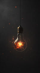 Poster - Glowing light bulb suspended in darkness, emitting fiery sparks representing technological creativity and dynamic energy