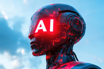 Poster - cybernetic AI humanoid robot with futuristic mechanical face,artificial intelligence interface. Concept of robotics, machine learning,advanced cybernetics.copy space,banner.mock up