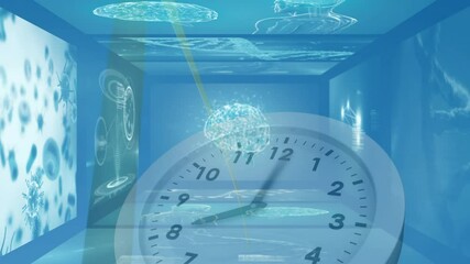 Poster - Clock face with animation over abstract blue background with digital elements