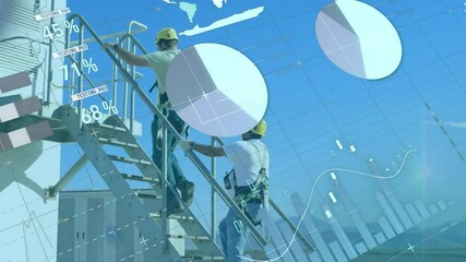 Poster - On scaffolding, construction workers analyzing data charts and graphs with animation