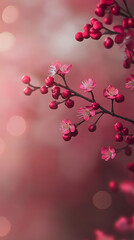 Aufkleber - Delicate pink plum blossoms and ripe berries adorning slender branch, soft bokeh background evoking tranquil, romantic mood