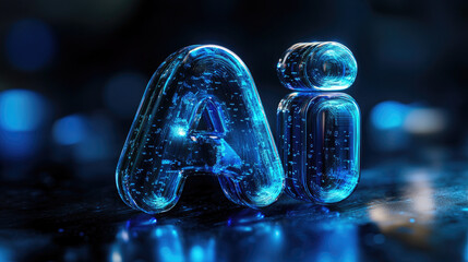 Aufkleber - Futuristic AI typography with glowing blue letters, representing artificial intelligence, machine learning, and advanced digital technology in a cyber-inspired design.