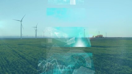 Poster - Wind turbines in green field with digital technology overlay animation