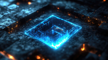 Poster - Transparent digital cube floating in a high-tech cyber environment, representing artificial intelligence, quantum computing, and futuristic data processing technology.