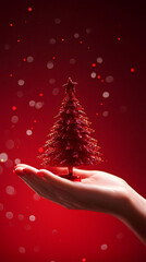 Aufkleber - Christmas composition with red glitter small christmas tree held in hand with red background and bokeh